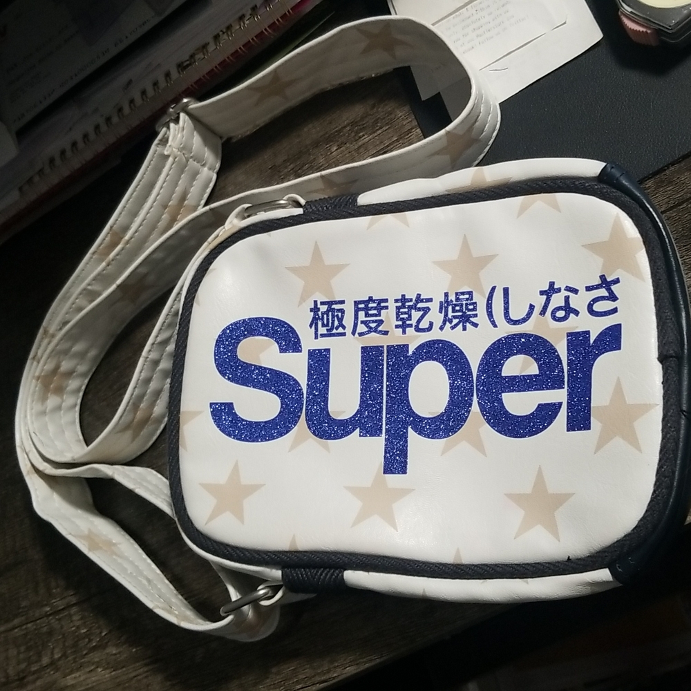 REAL SUPERDRY BLACK LABEL-LIMITED EDITION  SIDE BAG WHTE/ WITH STARS & BLU GLITT